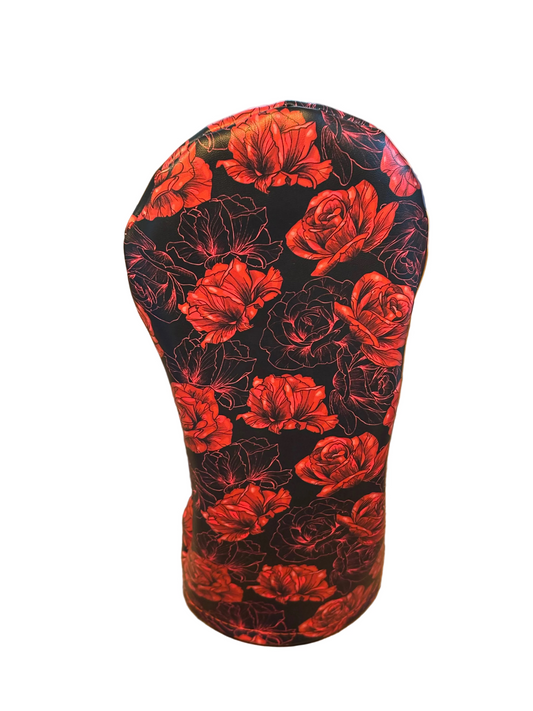 Golf club head cover with red floral pattern on black background