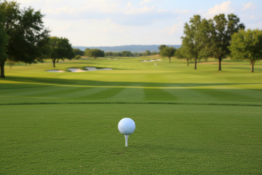golf ball on a white tee on a tee box with a golf course in the background