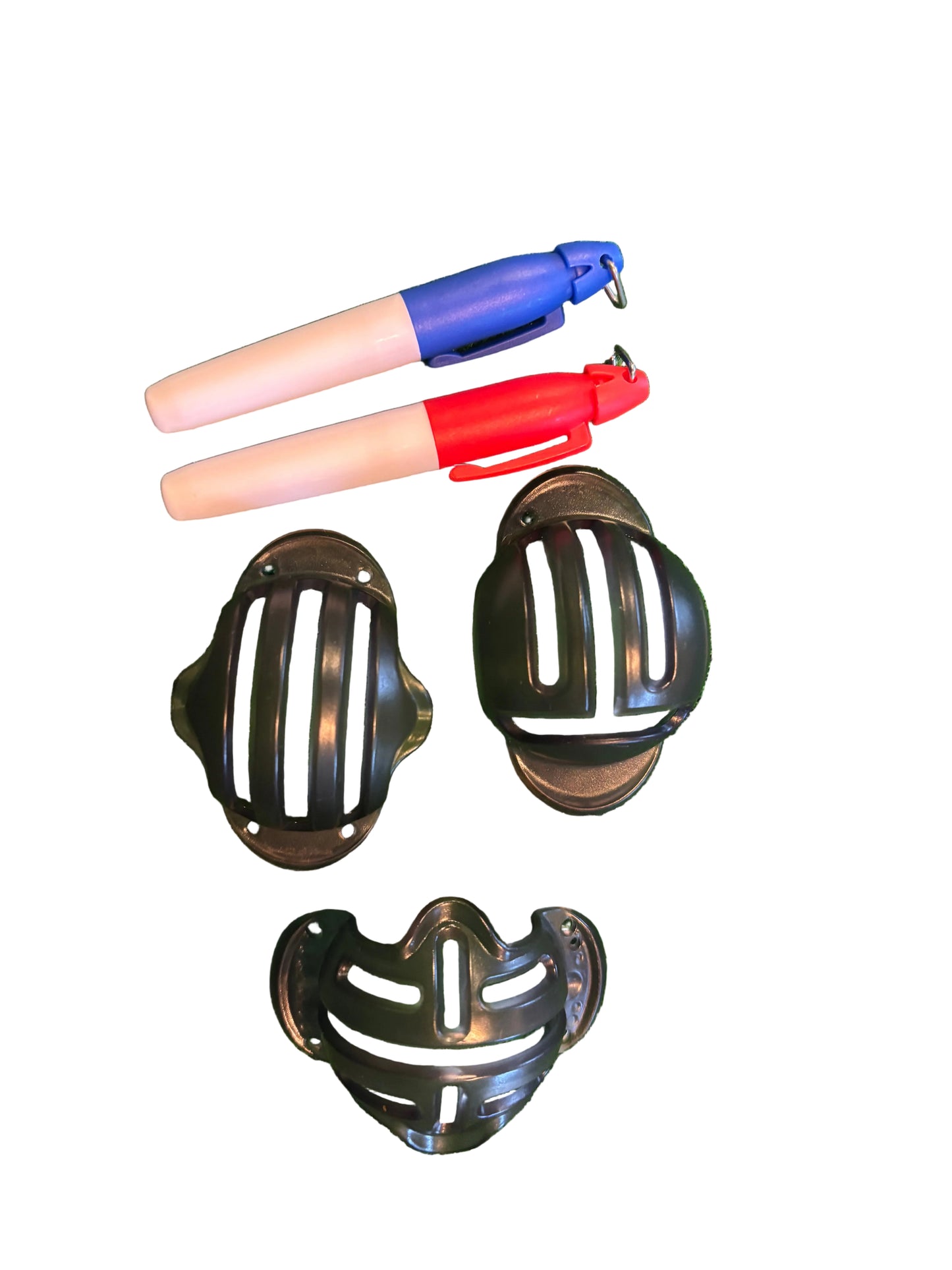 set of three ball marker templates and 1x red permanent marker and 1x blue permanent marker on a white background
