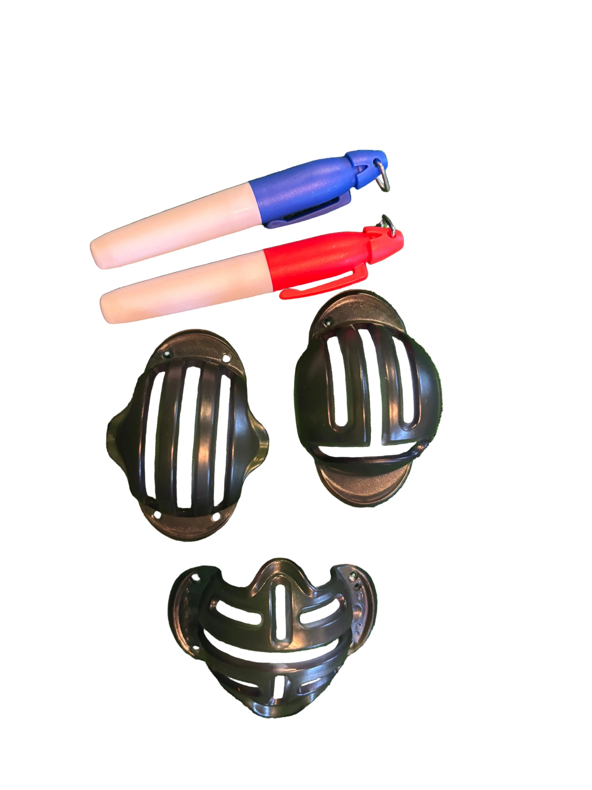 set of three ball marker templates and 1x red permanent marker and 1x blue permanent marker on a white background