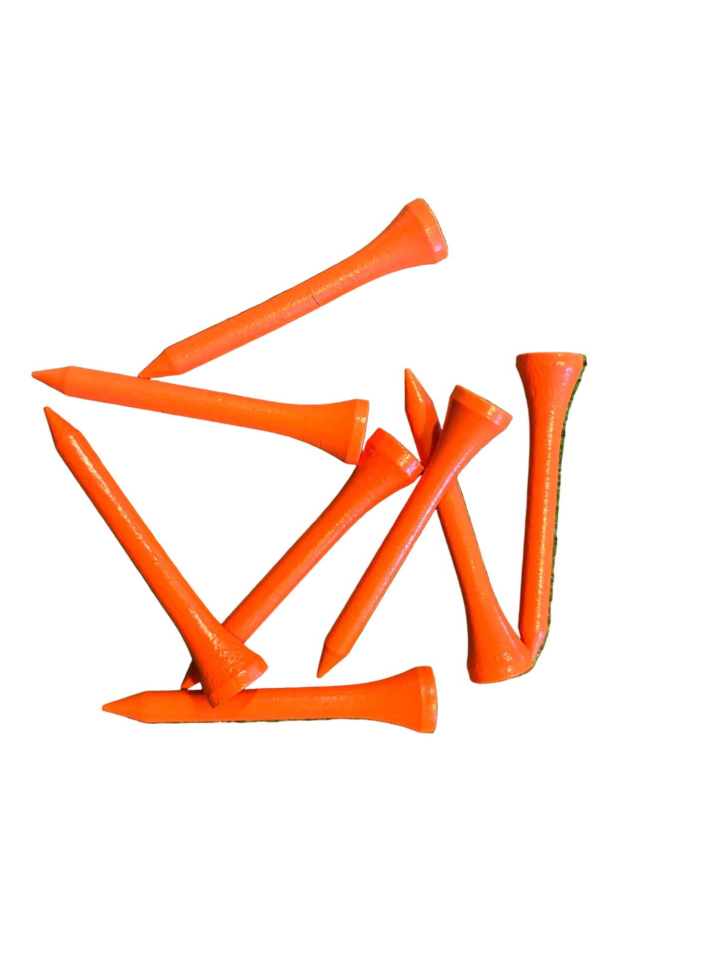 Orange 54mm golf tees on a white background