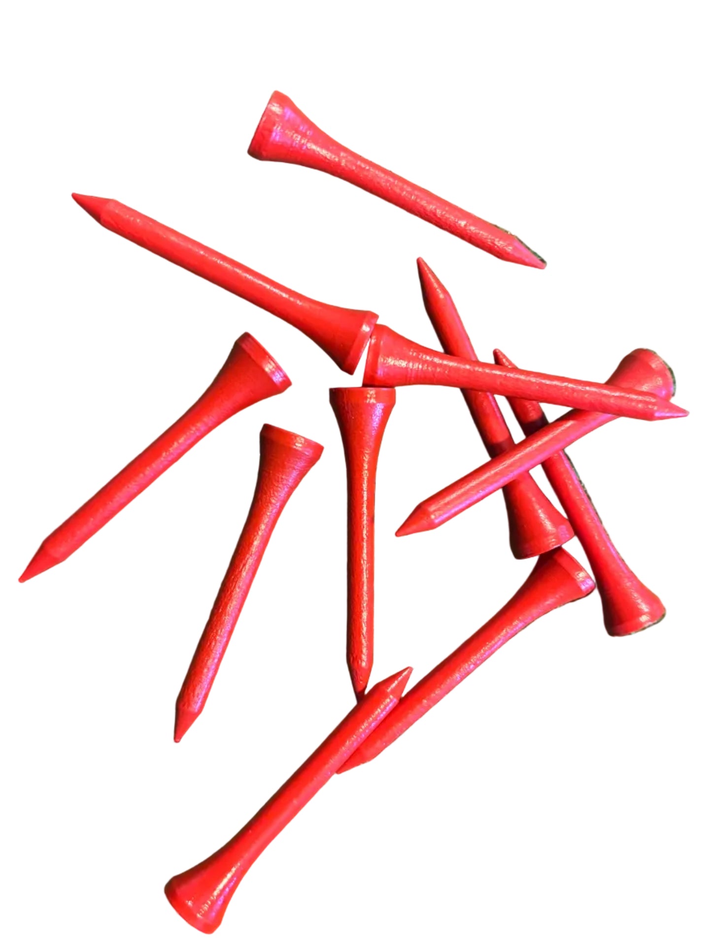 Red golf tees on a white background