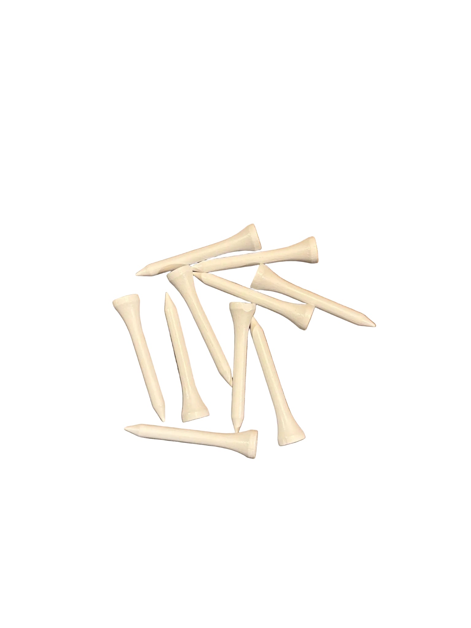 Set of 54mm white wooden golf tees on a white background