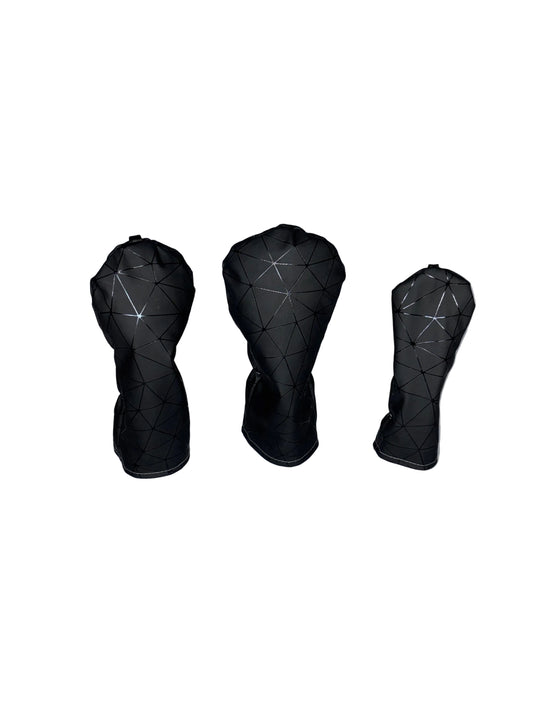 geometric pattern black driver head cover wood head cover and hybrid head cover front view on a white background