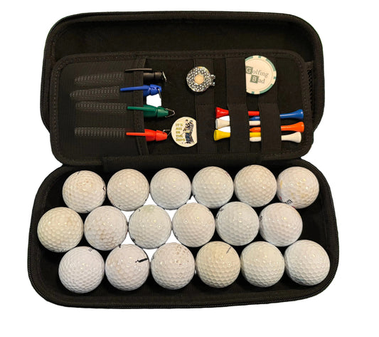 golf accessory case with balls tees marker pens golf ball markers and pitch mark repairer on white background