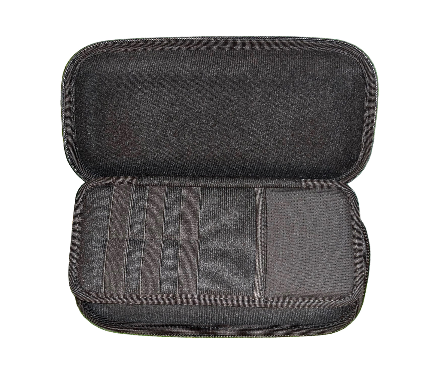 grey golf organiser case open showing the empty panel organisers on a white background