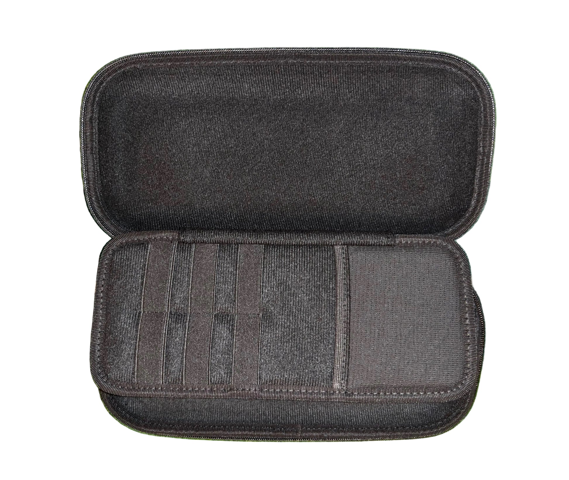 grey golf organiser case open showing the empty panel organisers on a white background