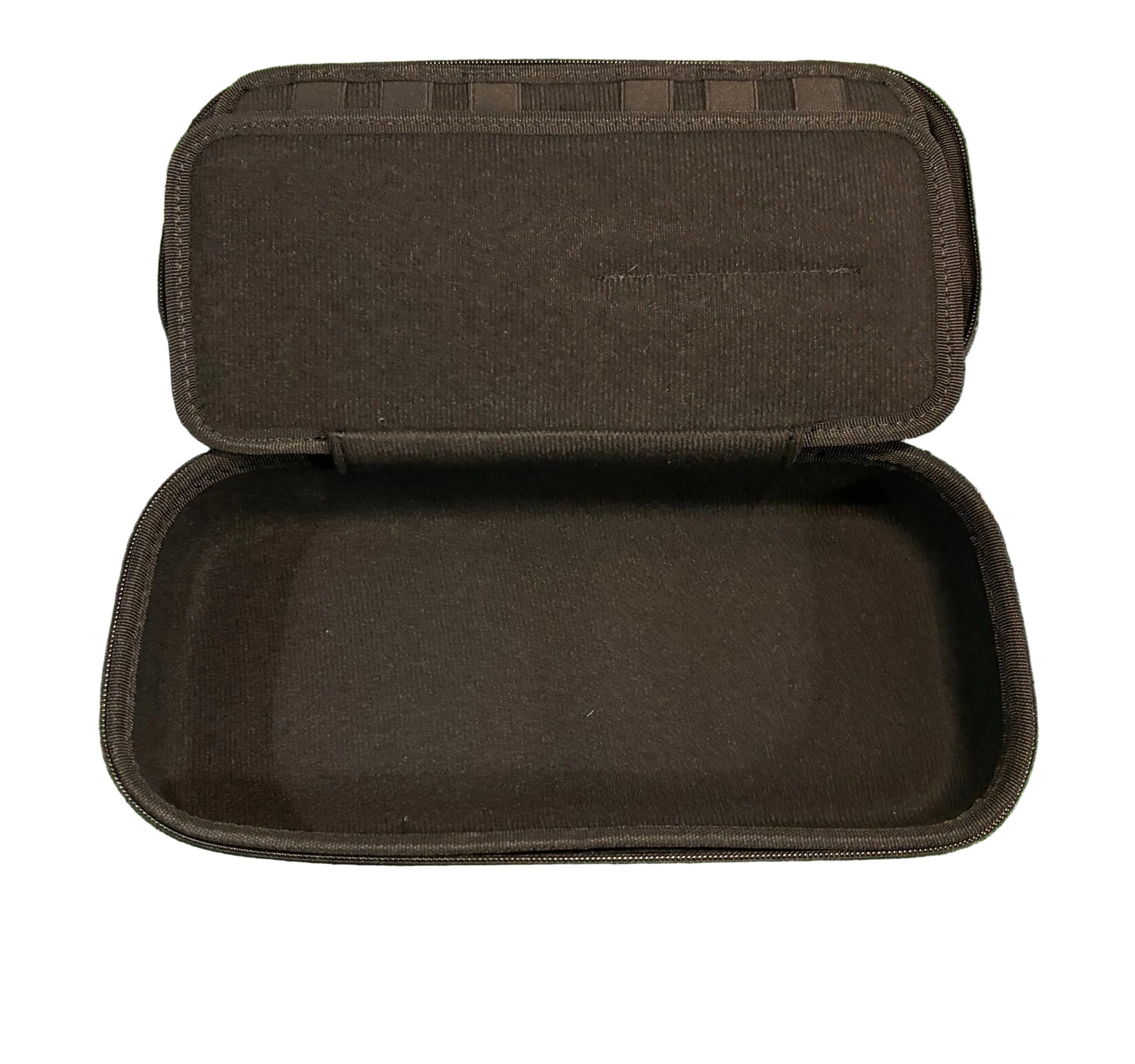 black accessories case open showing large ball compartment with a white background