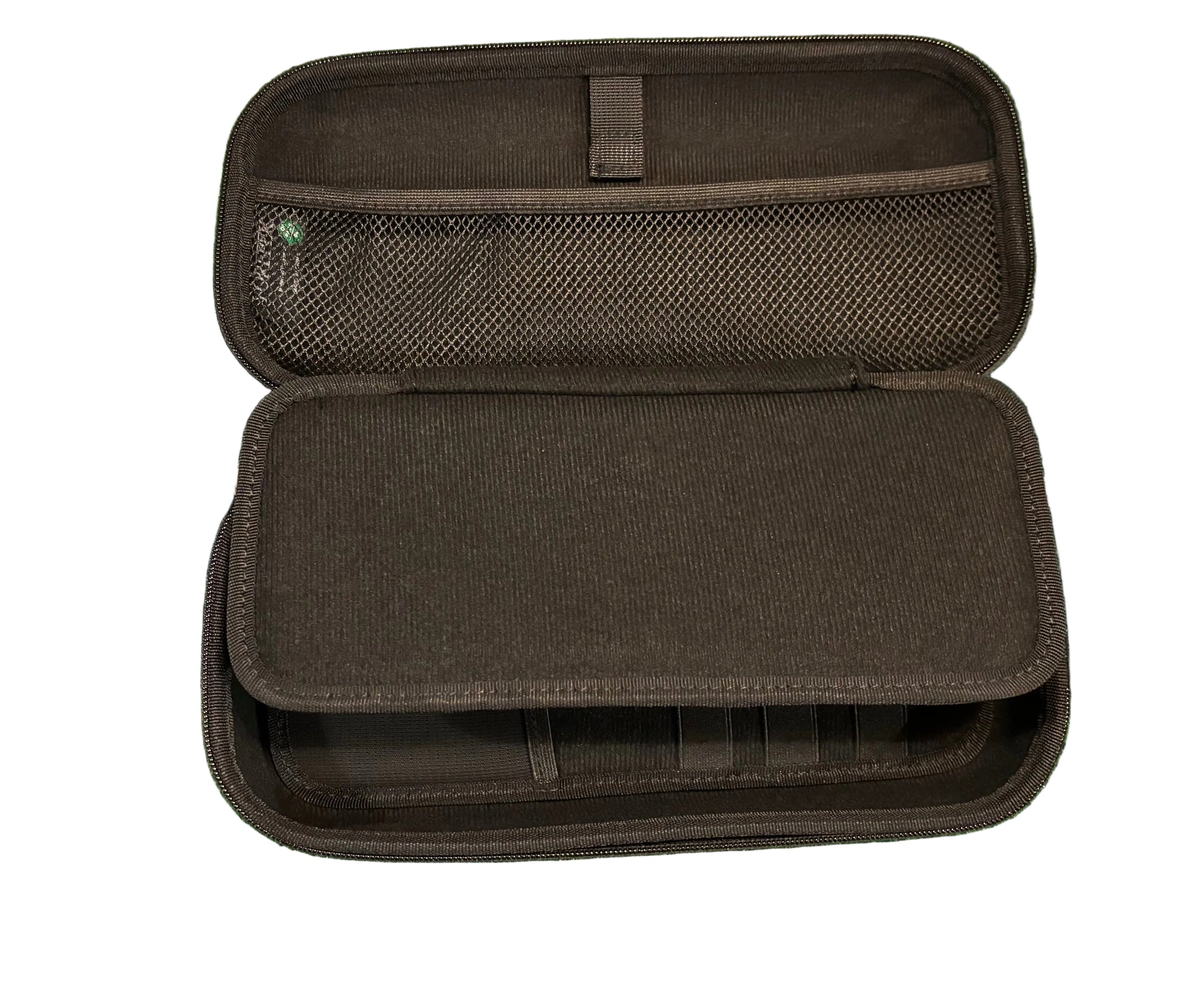 grey accessories care open showing various compartments on a white background
