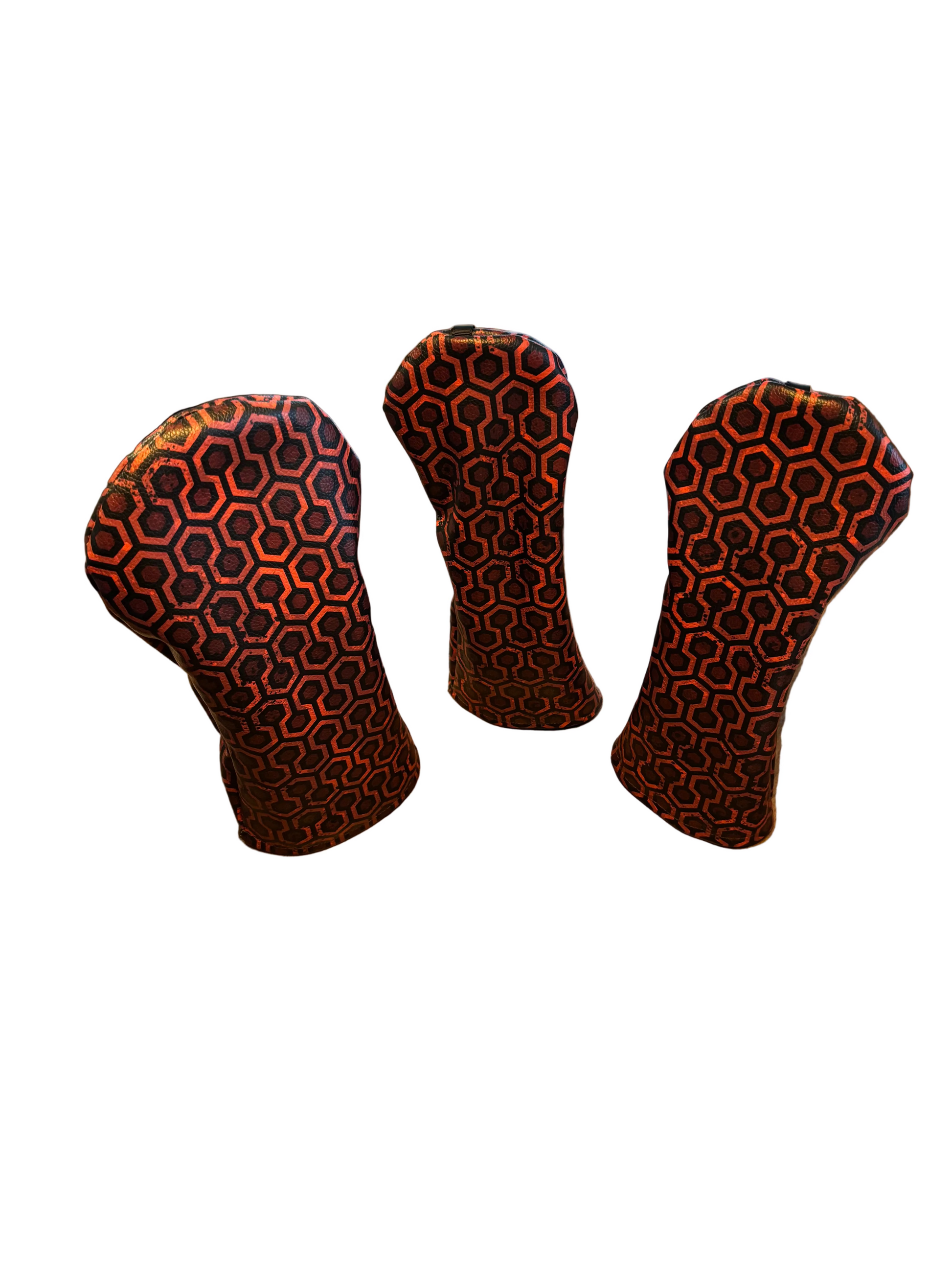 hicks hexagon pattern driver head cover wood head cover and hybrid head cover on a white background