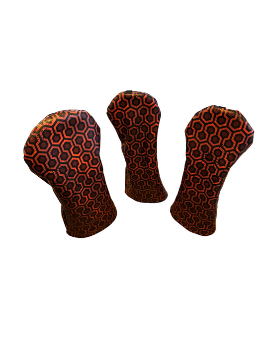 hicks hexagon pattern driver head cover wood head cover and hybrid head cover on a white background