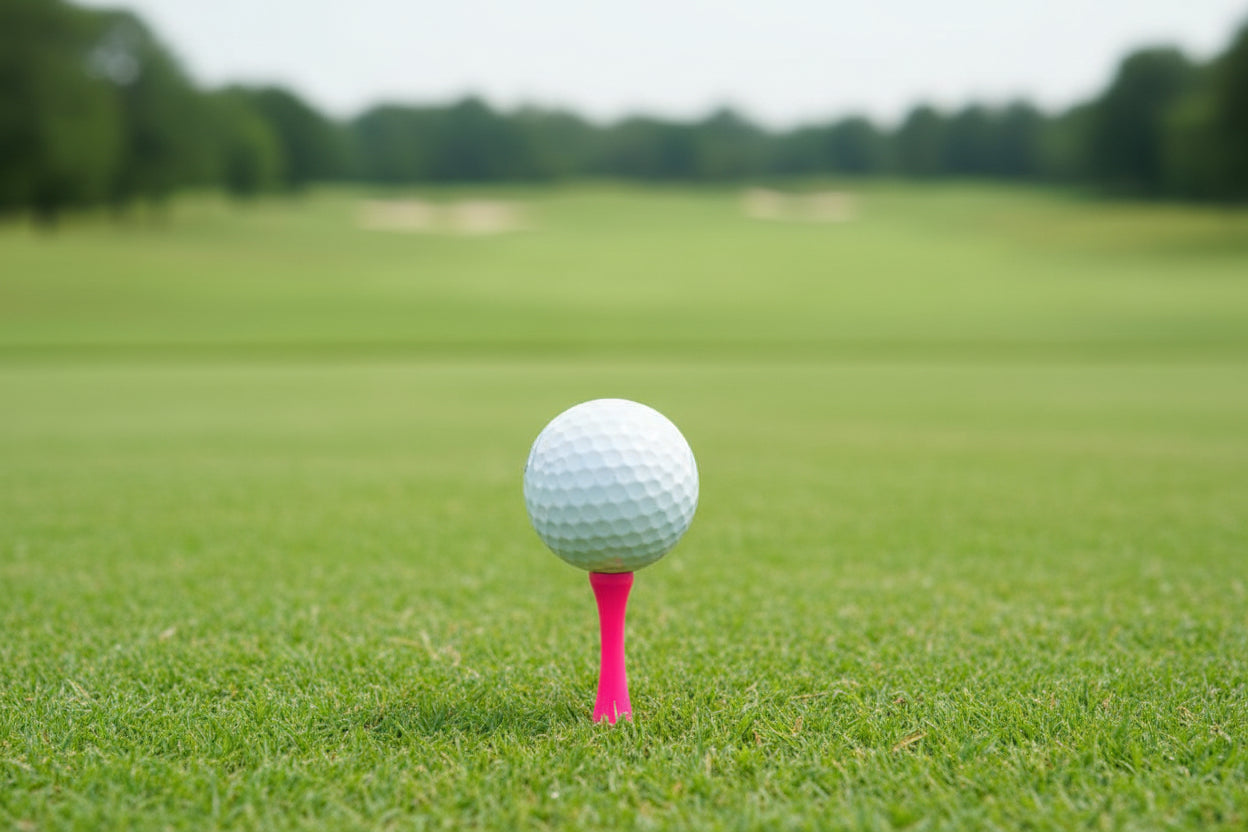 Pink castle tee with a golf ball on top with a golf course in the background 