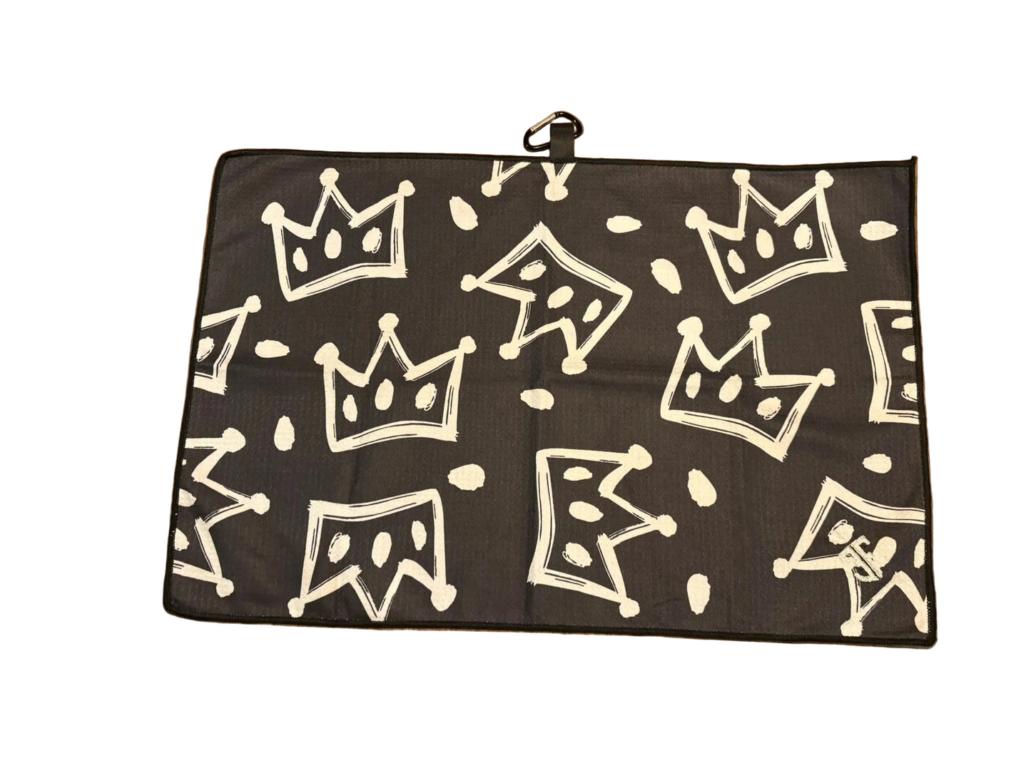 black waffle golf towel with white crown detailing with carabiner with white background