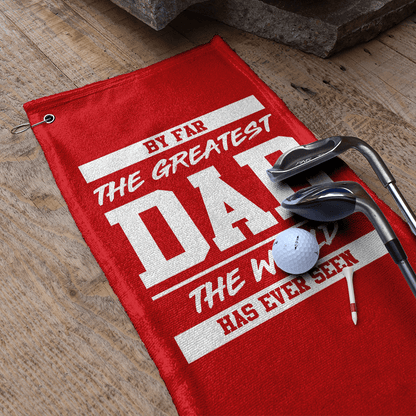 By Far The Greatest Dad - Red - Retro Lightweight, Microfibre Golf Towel - 3F Golf