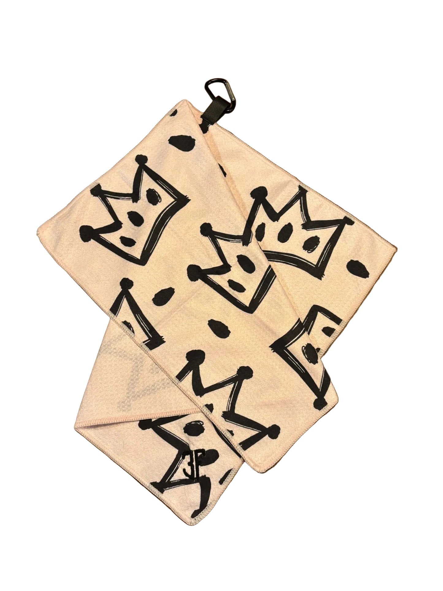 light pink waffle golf towel with black crown detailing on a white background