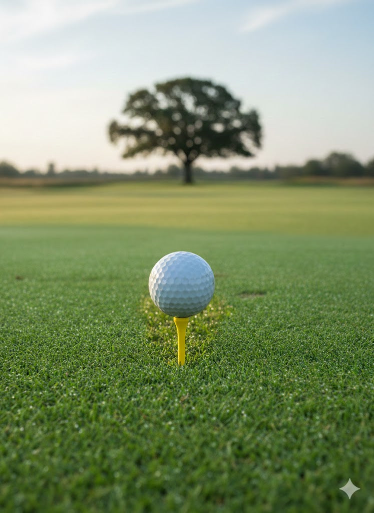 yellow 54mm golf tee with a golf ball on top with a golf course in the background