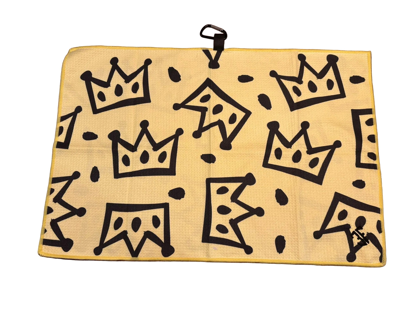 yellow waffle golf towel with carabiner with white background