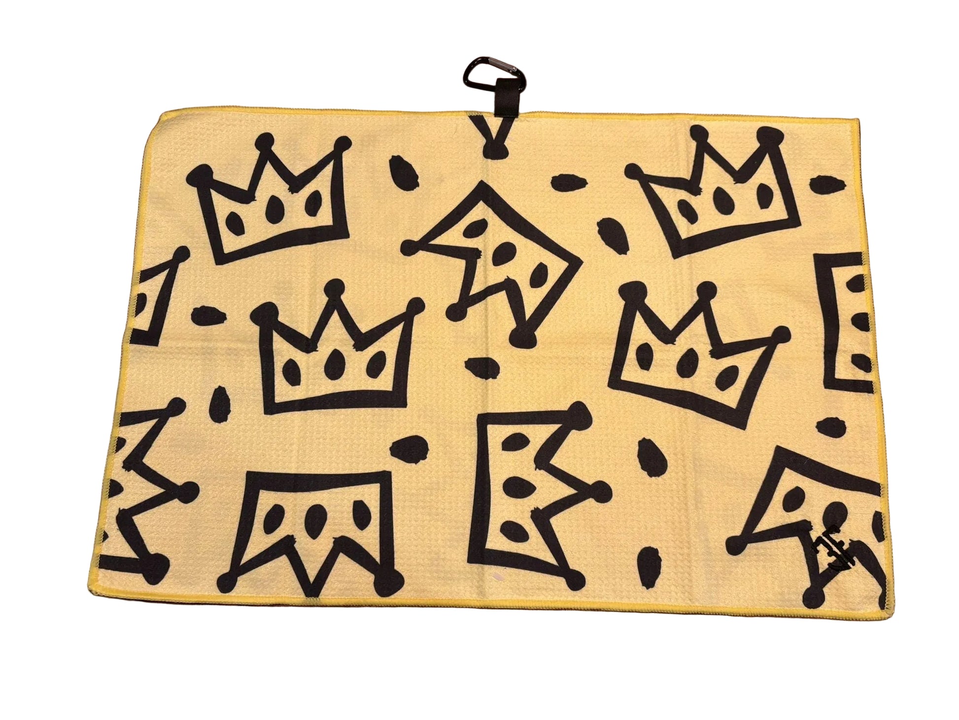 yellow waffle golf towel with carabiner with white background